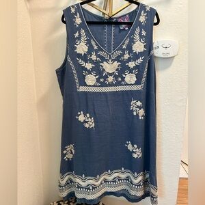 Johnny Was Los Angeles 100% Linen Briar Button Back Dress Embroidered Details